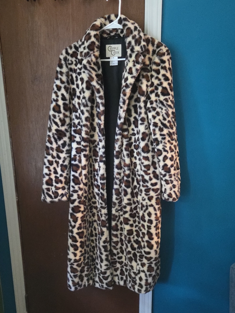 Cripple creek size small leopard, print long coat.